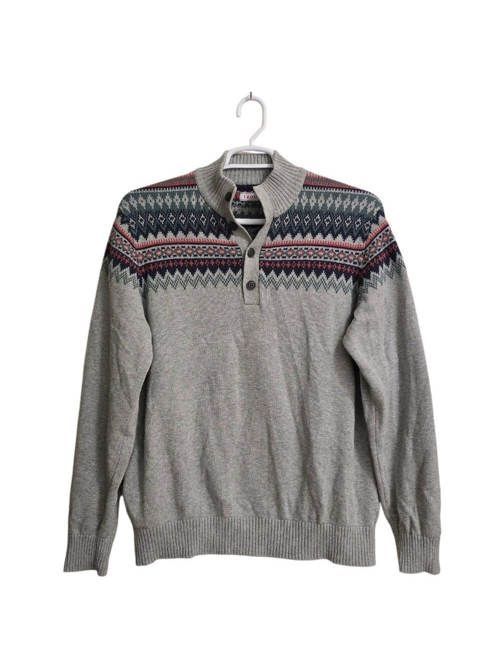 Izod Saltwater Harbor Fair Isle Quarter Button Knit Sweater Sz XL